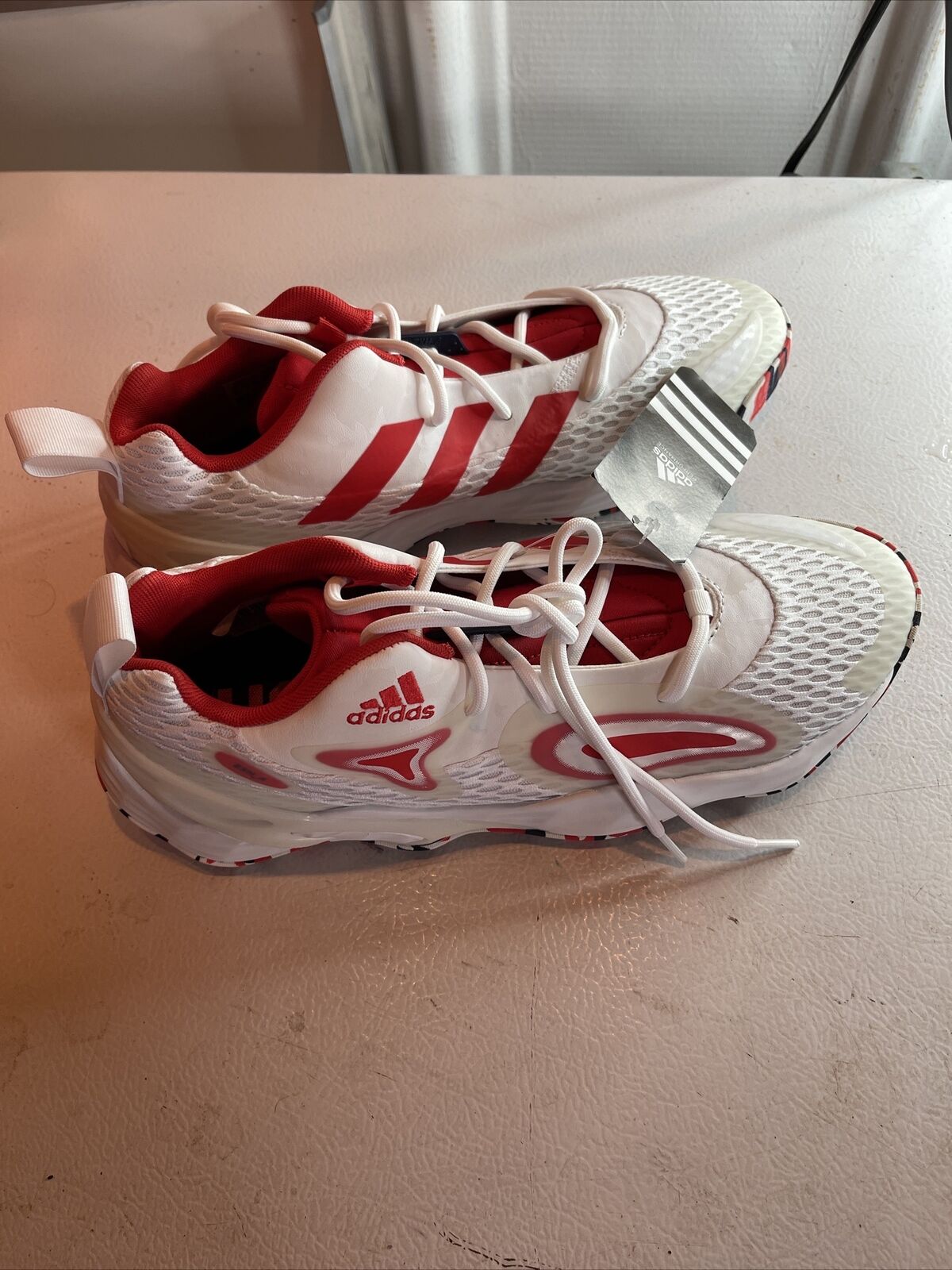 Adidas SM Exhibit A Team USA white and red athletic shoes with mesh upper and red stripes