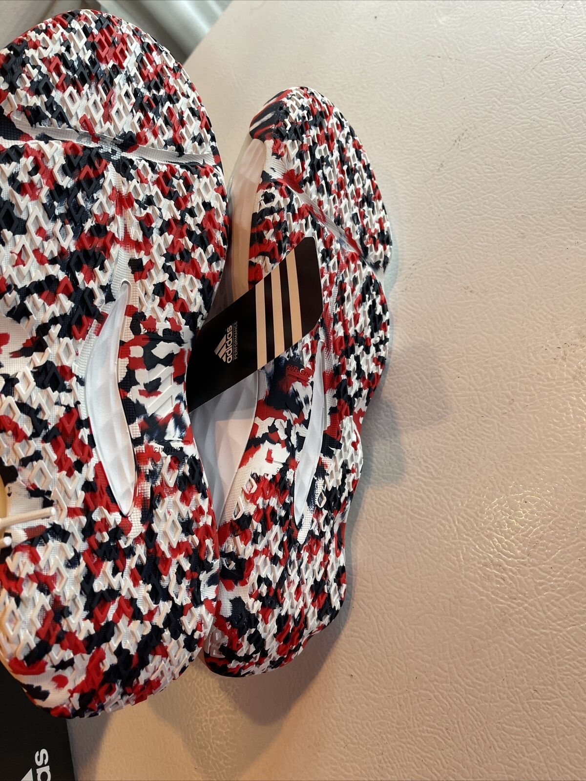 Adidas SM Exhibit A Team USA size 11 sandals with red white and blue camouflage pattern and black Adidas tag