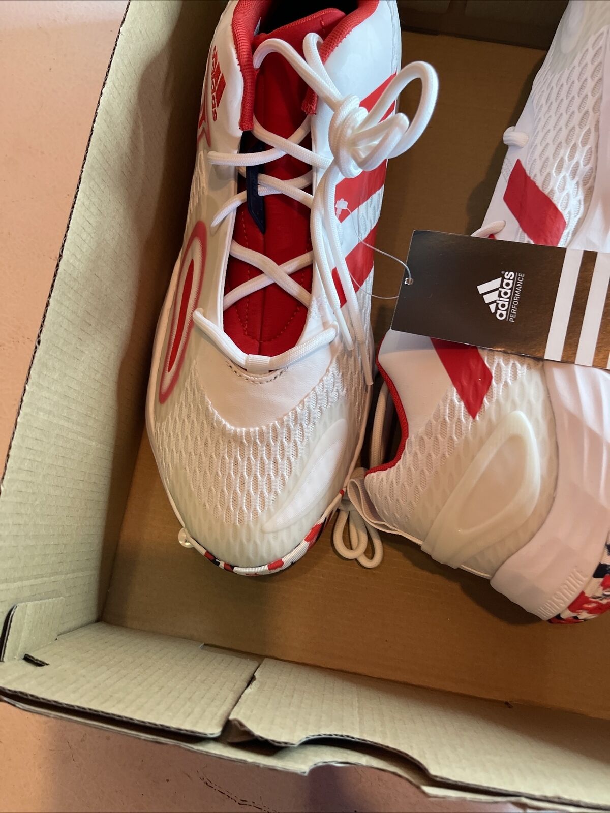 Adidas Team USA sneakers size 12 in white and red with mesh details inside a cardboard box