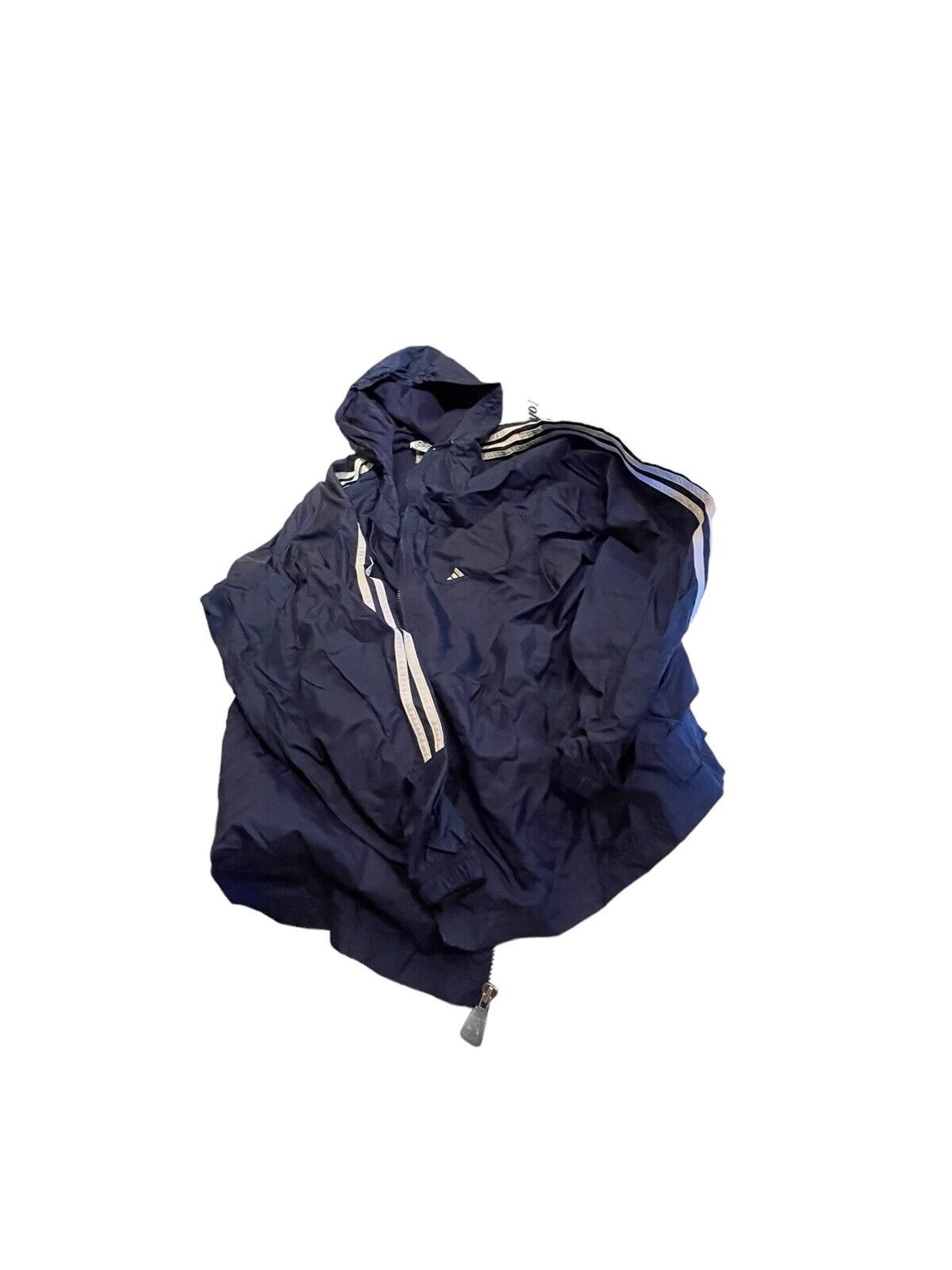 Adidas windbreaker jacket in navy blue with hood and white stripes on sleeves