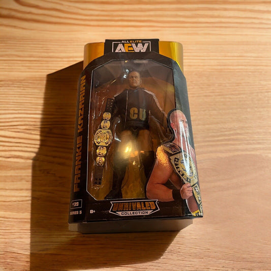 AEW Frankie Kazarian action figure in black outfit with championship belt in collectible packaging