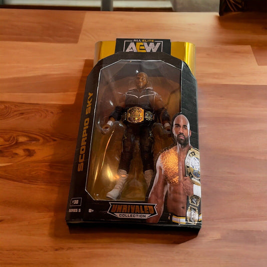 AEW Scorpio Sky action figure in original packaging with championship belt from 1118 Emporium