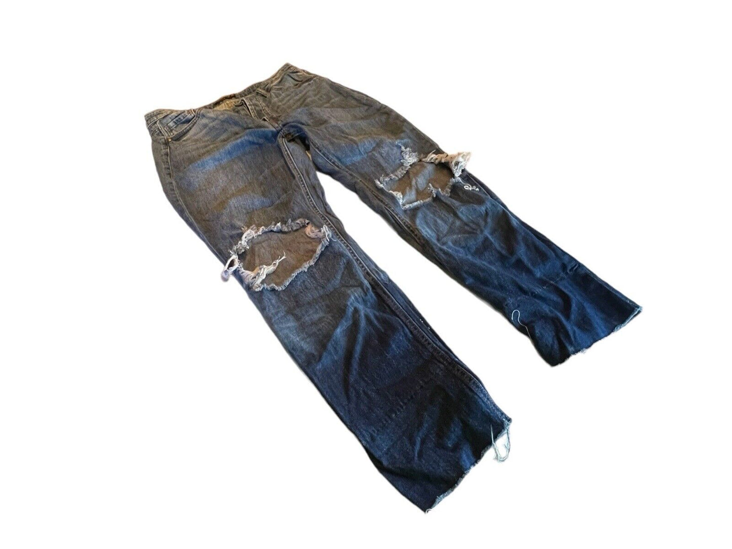1118 Emporium AFRM distressed jeans with ripped knees and faded dark wash denim