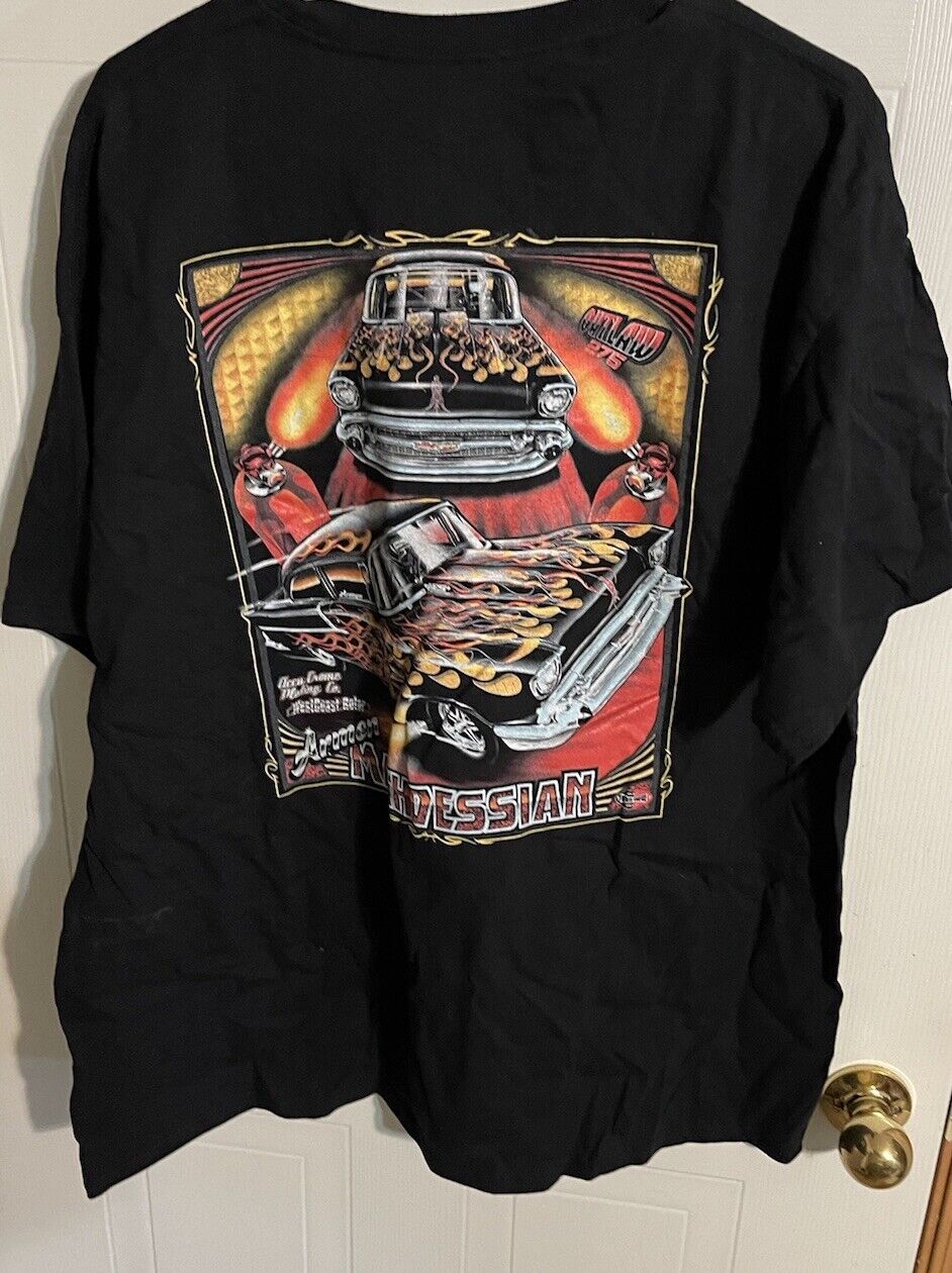 Black AKM Motorsports t shirt 2XL with vintage car and flames graphic design