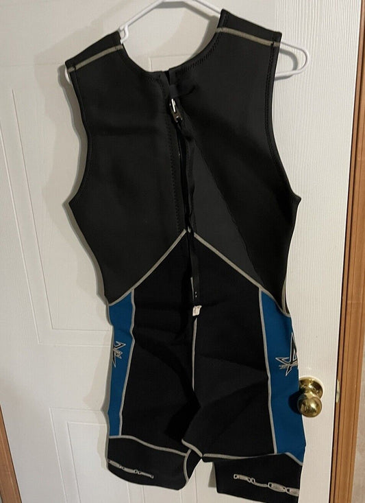 Aleeda wetsuit for sale black and blue sleeveless one-piece hanging on white hanger