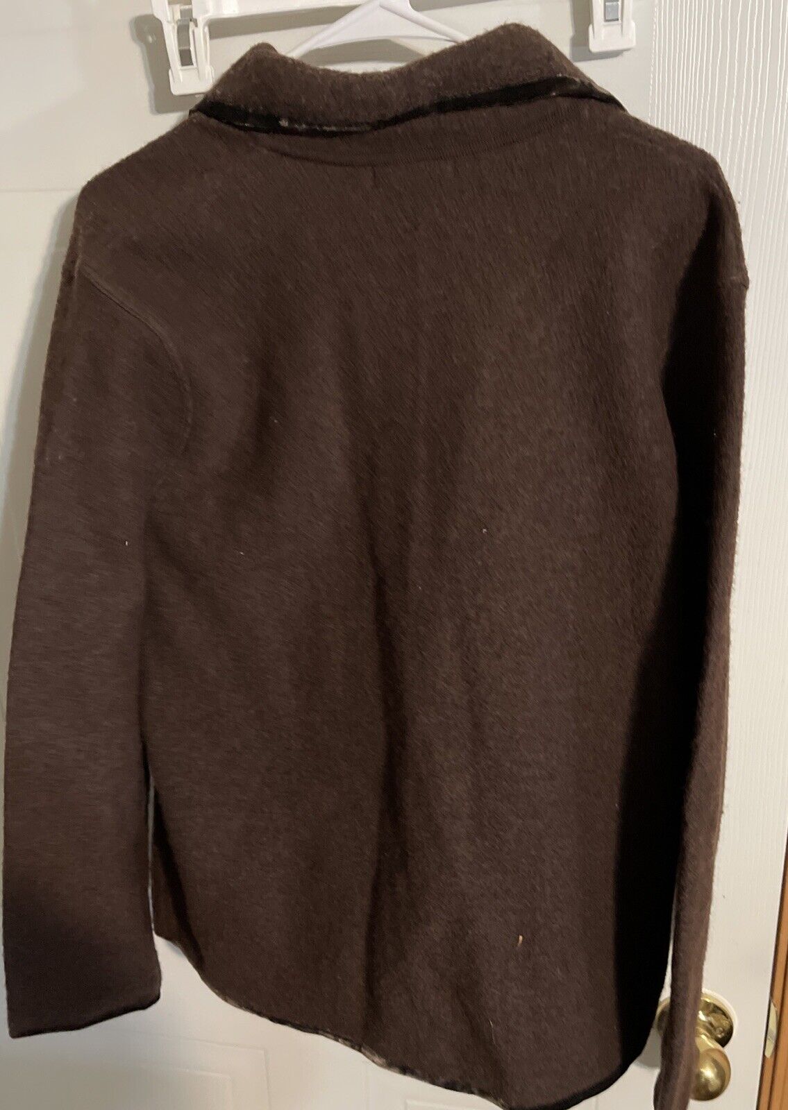 Back view of Alexandra Bartlett wool jacket XL in dark brown hanging on white hanger