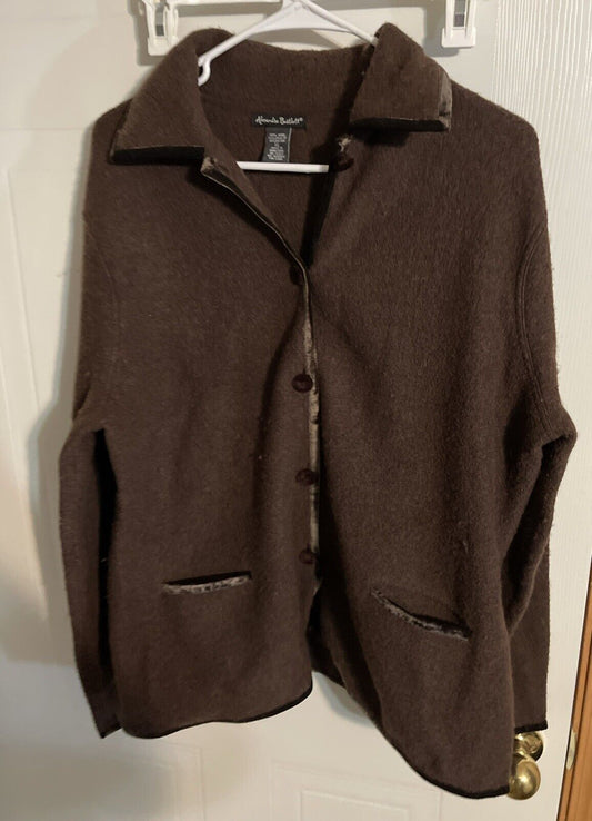 Brown Alexandra Bartlett wool jacket XL with button closure and front pockets hanging on white hanger