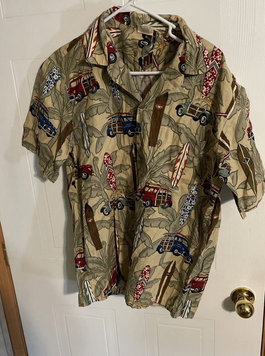 Aloha Republic Hawaiian shirt XL with vintage surfboard and car print hanging on white door