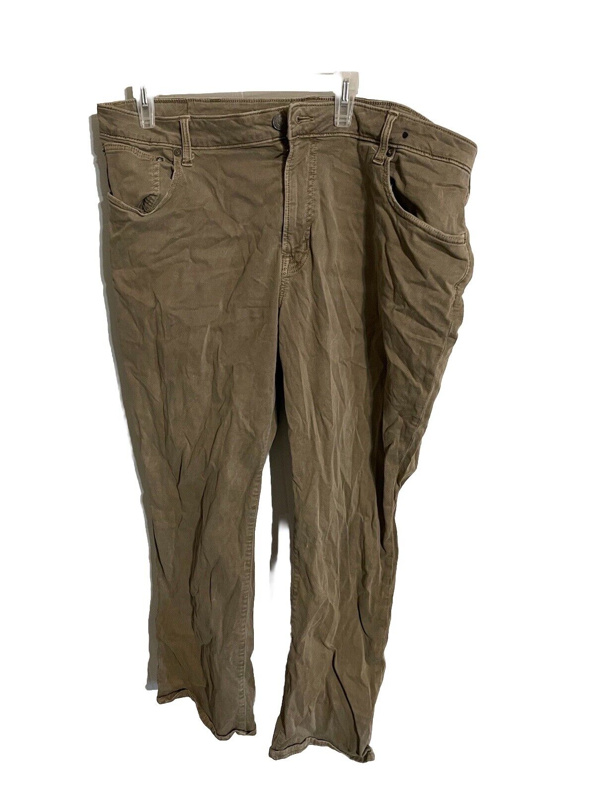 Brown American Eagle flex pants 40x32 hanging on a white hanger against a white background