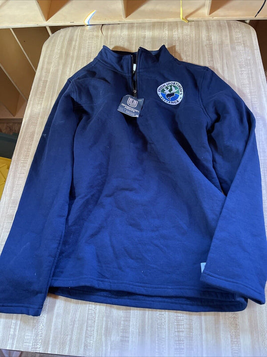 Navy blue American Roots quarter zip pullover with embroidered logo and tag from 1118 Emporium