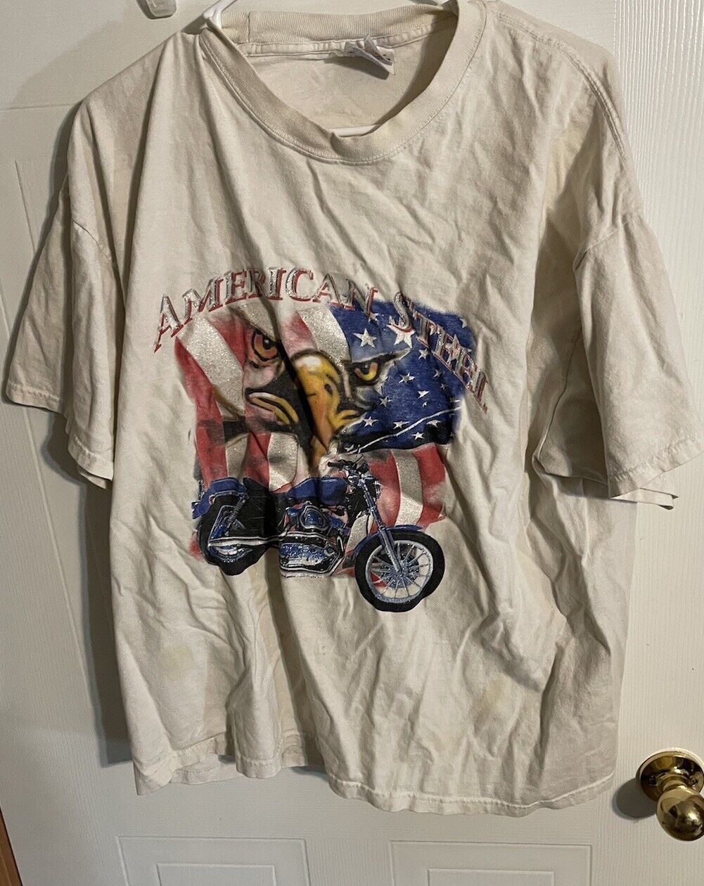White American steel biker t shirt with eagle, American flag, and motorcycle graphic design