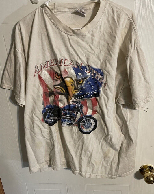 White American steel biker t shirt with eagle, American flag, and motorcycle graphic design