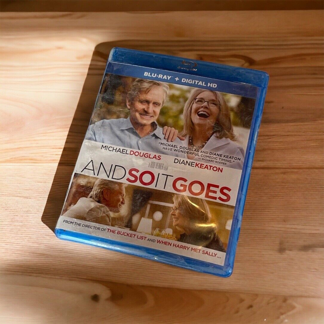 And So It Goes Blu-ray featuring Michael Douglas and Diane Keaton in a blue case on wooden surface