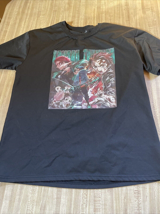 Black anime t shirt large size featuring colorful anime character graphic on the front