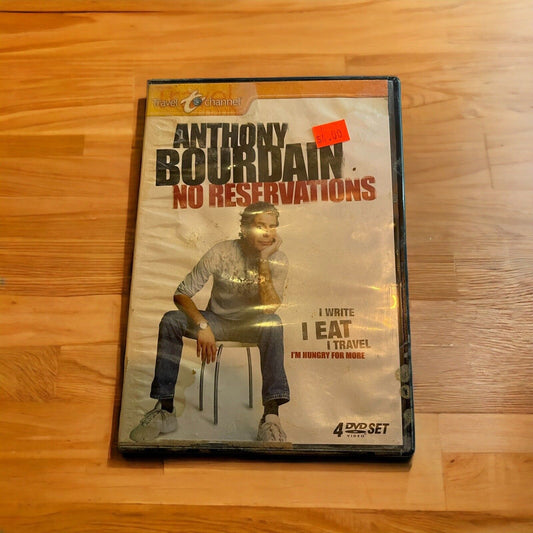 Anthony Bourdain No Reservations DVD travel show set with host sitting and casual pose