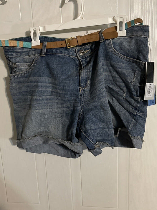 Apt 9 denim shorts in blue with a brown belt hanging on a white hanger
