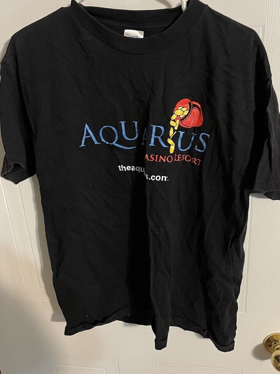 Black Aquarius Casino t shirt with colorful logo and text for a casino resort