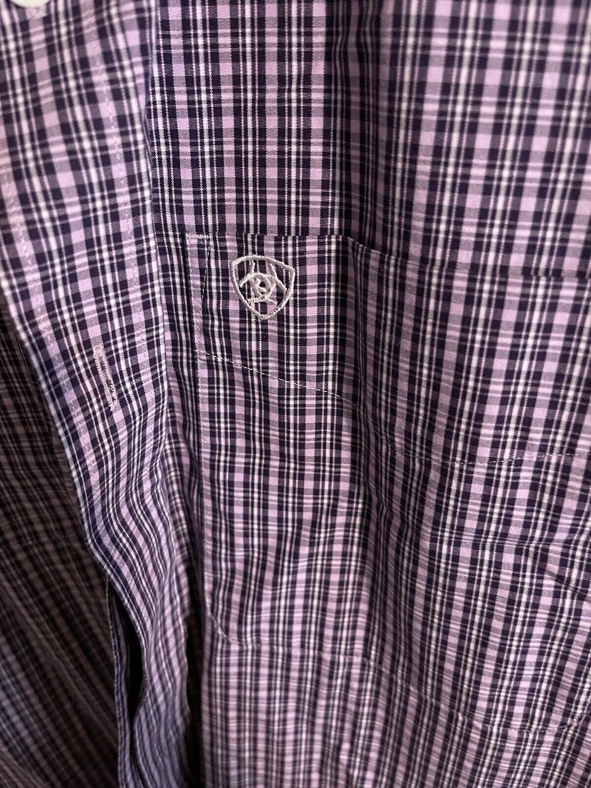 Close-up of 1118 Emporium Ariat wrinkle free shirt in purple and black plaid pattern