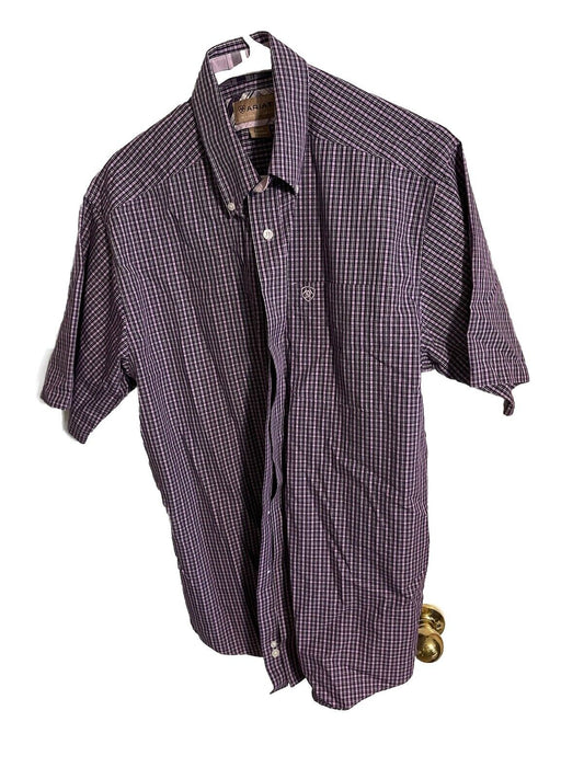 Ariat wrinkle free shirt in purple checkered pattern with button-down collar and short sleeves