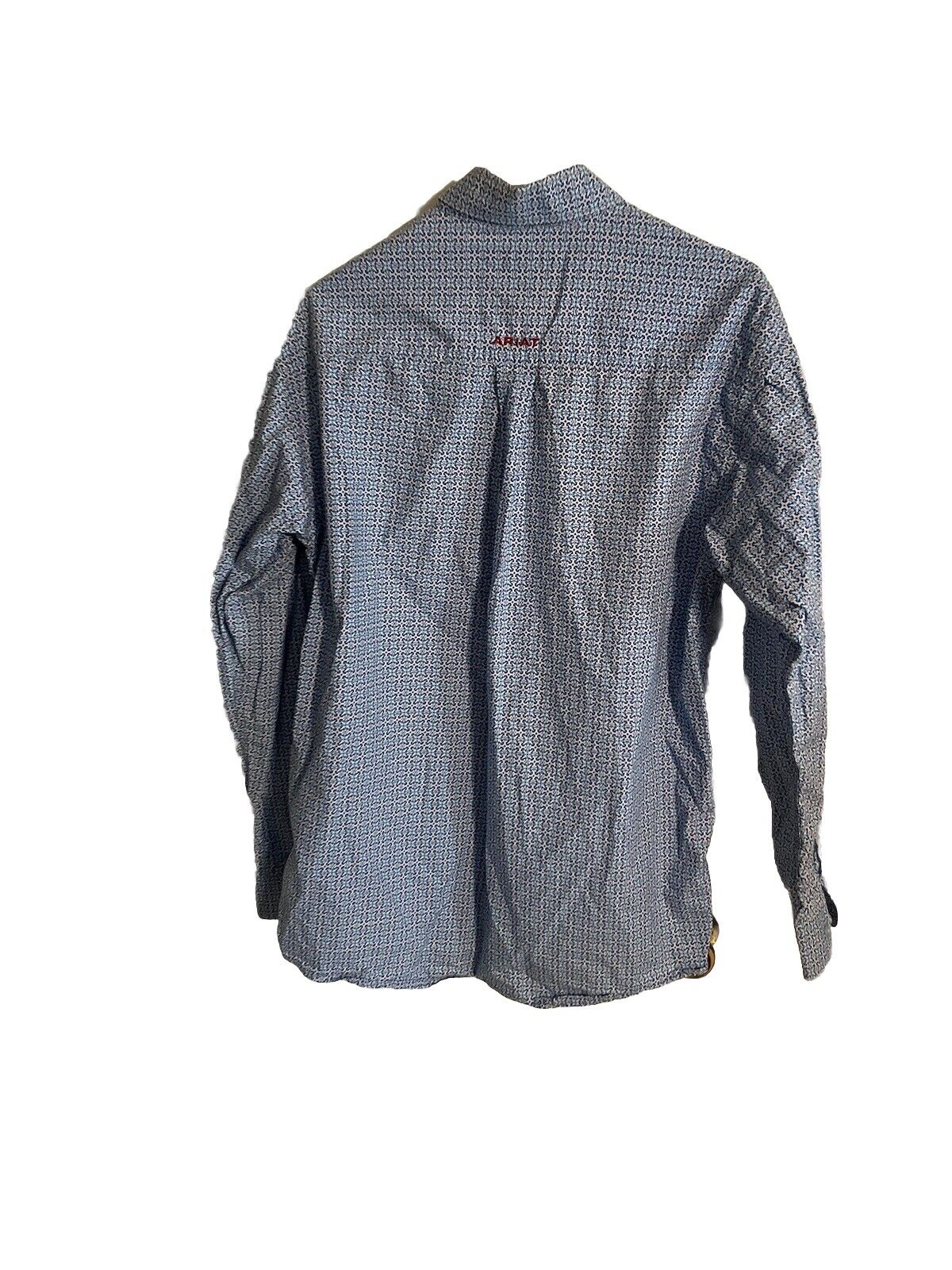 Back view of Ariat men's button down shirt in blue checkered pattern with long sleeves