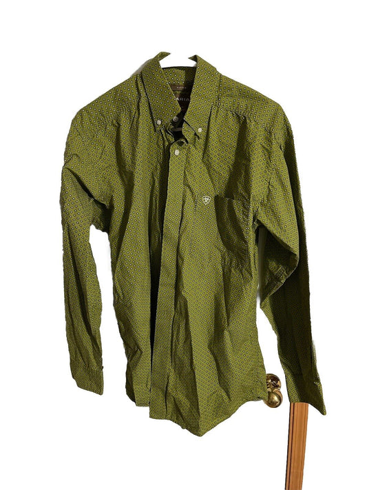 Ariat men's medium shirt in olive green with button-down collar and subtle pattern