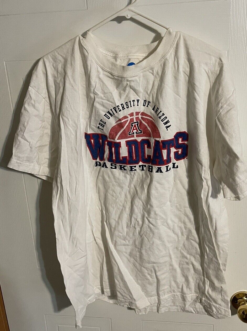 White Arizona Wildcats basketball shirt with logo and basketball graphic on front