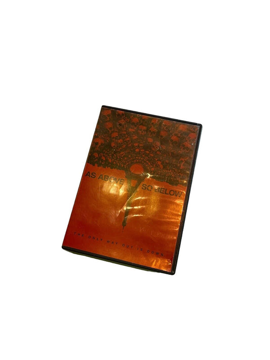 As Above So Below DVD case with dark orange and black cover art featuring a kaleidoscopic skull design