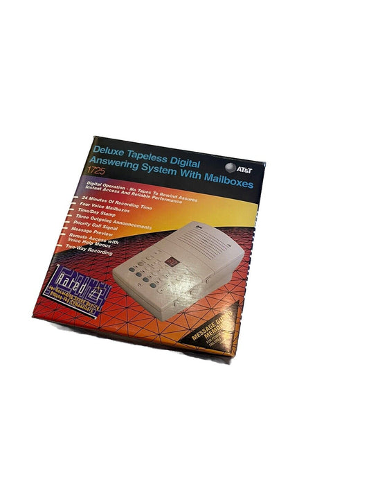 AT&T Lucent 1725 answering machine box showing Deluxe Tapeless Digital Answering System with Mailboxes