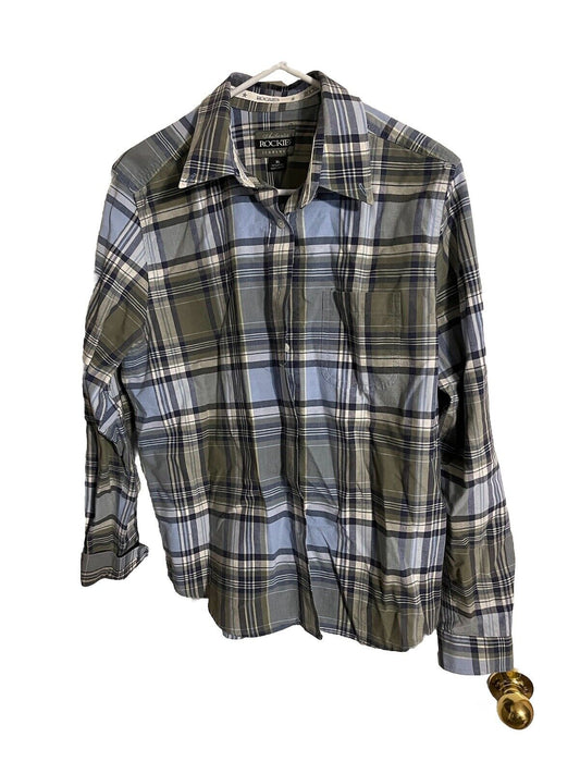 Authentic rockies jeanswear shirt in blue and green plaid with long sleeves and chest pocket