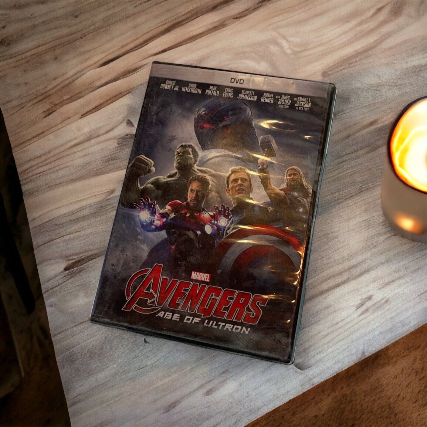 Avengers Age of Ultron DVD featuring Marvel superheroes Iron Man, Hulk, Thor, and Captain America on cover