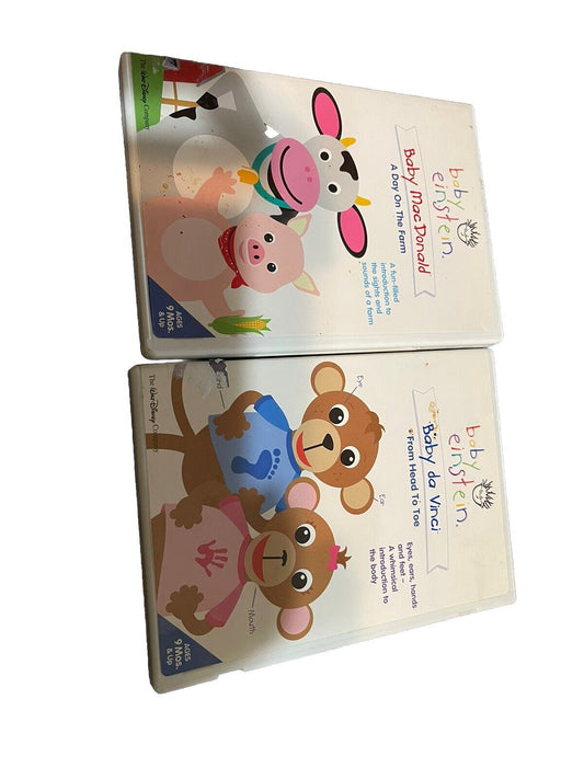 Baby Einstein DVD collection with Baby MacDonald and Baby World featuring animal characters on covers