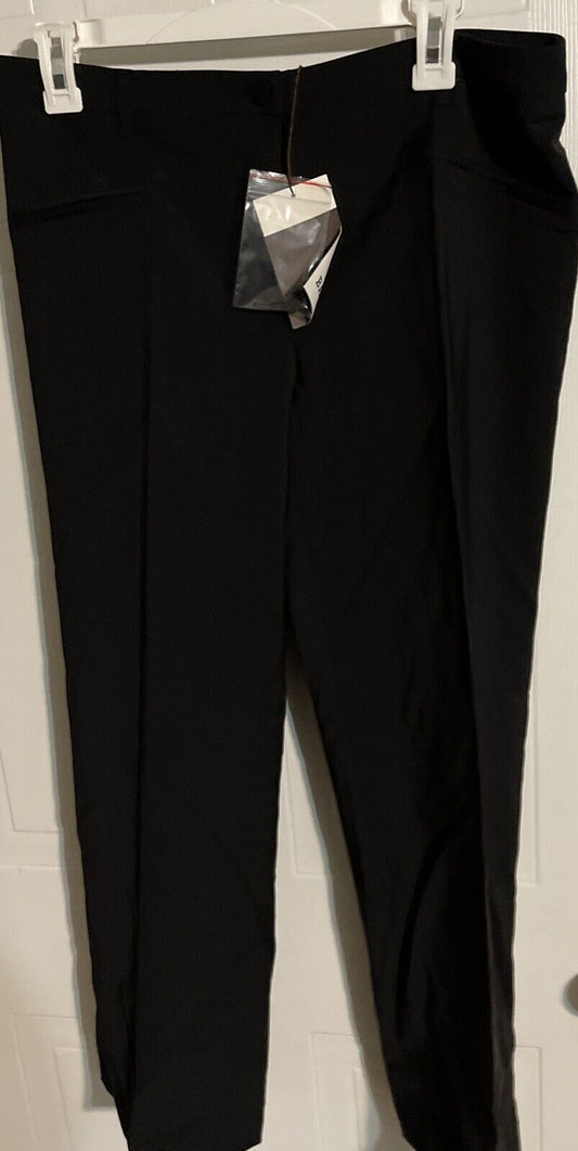 Bally women's black suit pants hanging on white hanger with tag attached