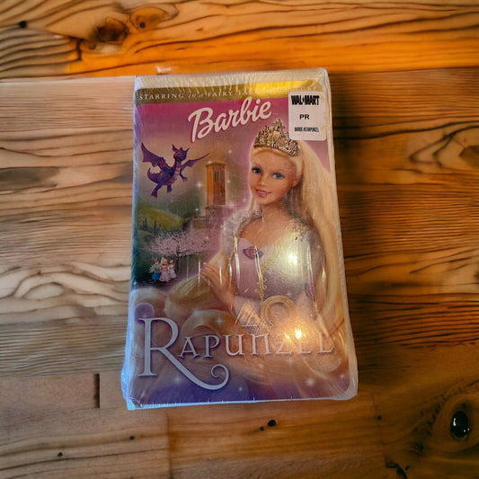 Barbie as Rapunzel VHS tape in original plastic wrap featuring Barbie in a princess dress and crown