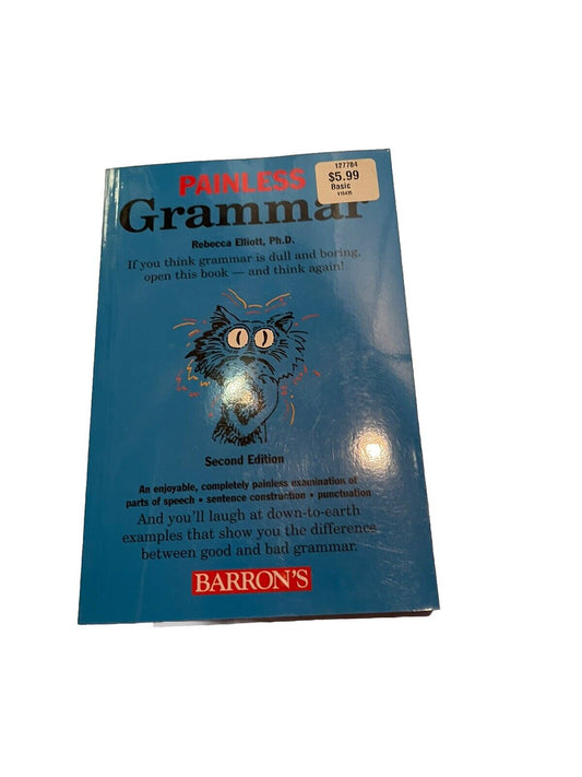 Barron's Painless Grammar book blue cover with cat illustration and grammar tips