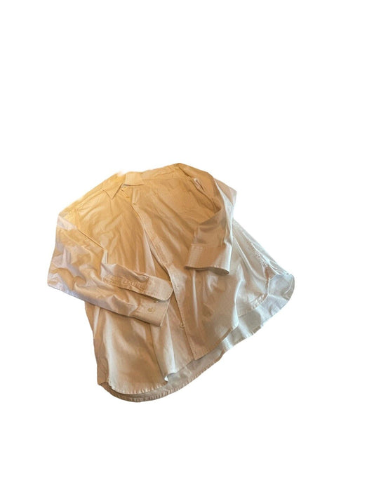 Beige long sleeve Barry Bricken shirt laid flat showing collar and cuff details