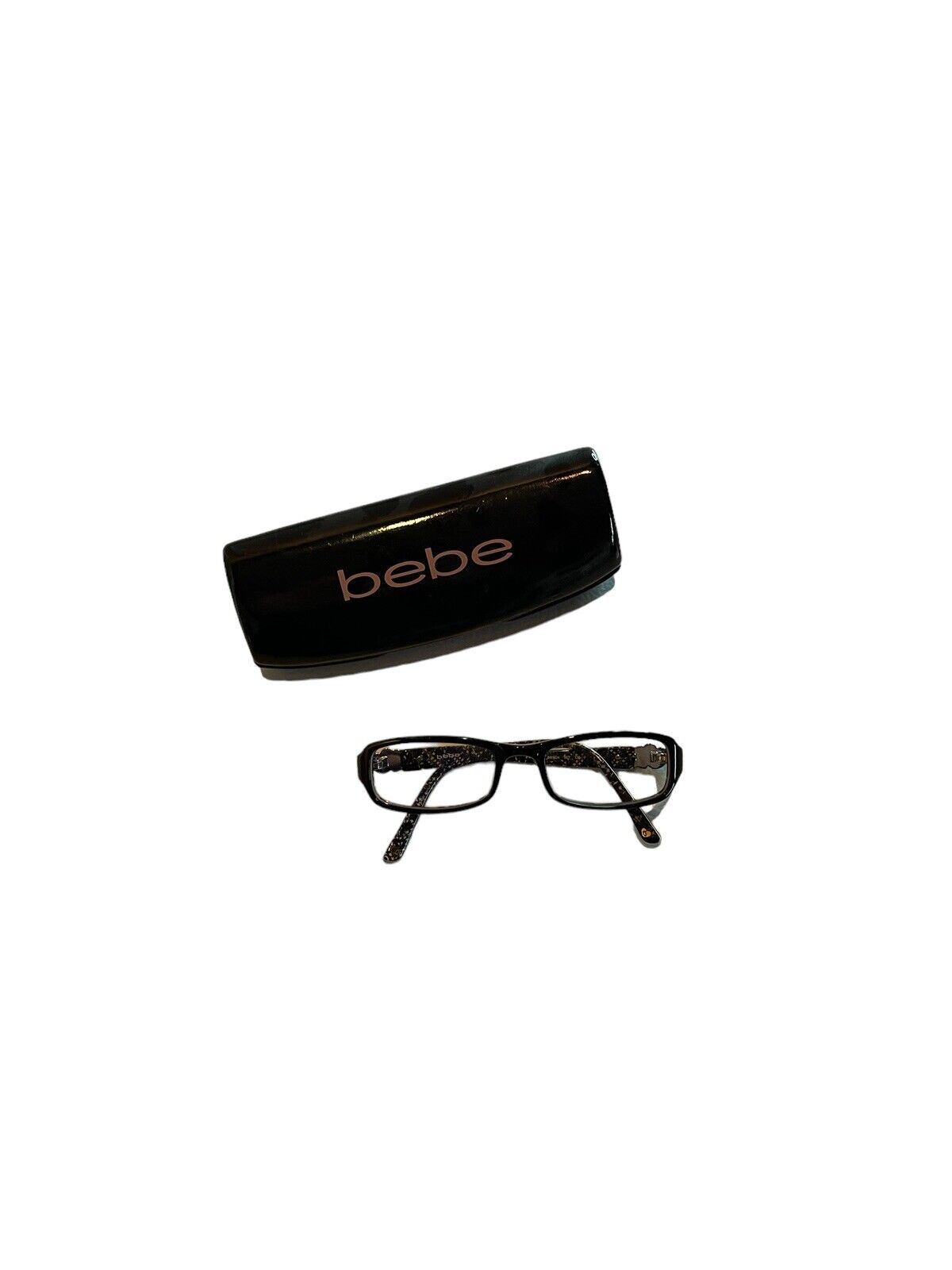 Bebe glasses with hard case in black featuring rectangular frames and protective storage case