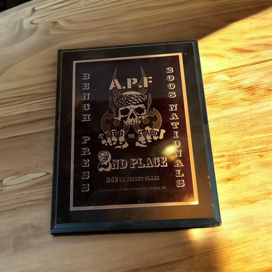 Bench press award plaque with skull design and 2nd place text from 2008 Nationals