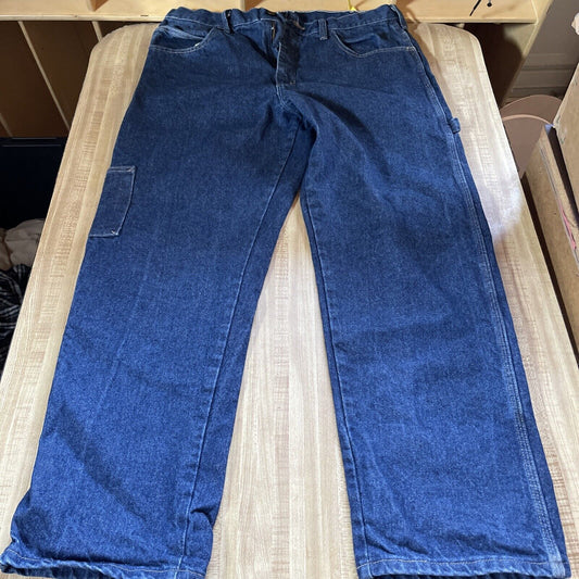 1118 Emporium Bulwark FR carpenter jeans in dark blue denim with multiple pockets and relaxed fit