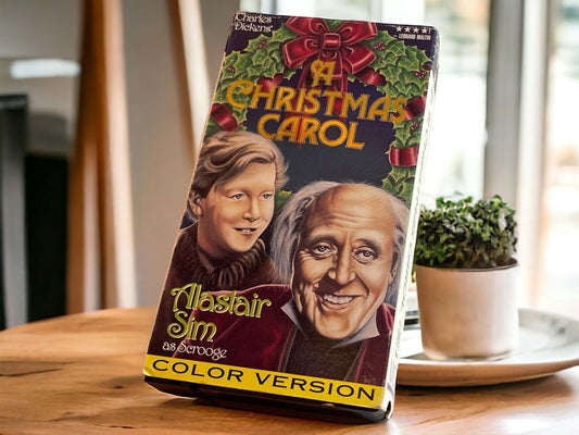 Colorized vintage Christmas film A Christmas Carol VHS tape featuring Alastair Sim as Scrooge