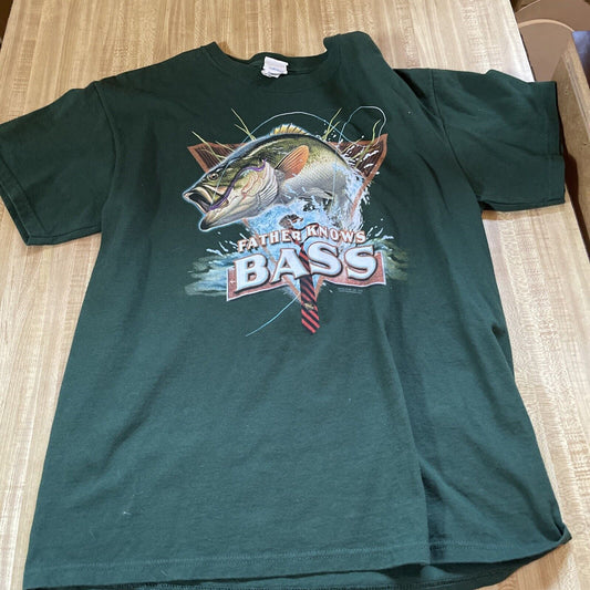 Green dad bass fishing t shirt with a large bass graphic and text saying Father Knows Bass