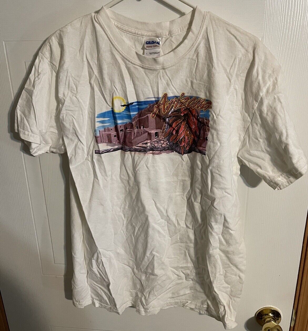 White Arizona tourist t shirt featuring desert landscape and cactus graphic by 1118 Emporium