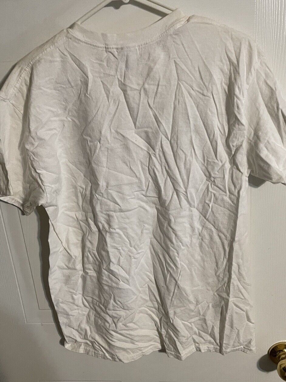 Wrinkled white Arizona tourist t shirt hanging on a hanger against a white door