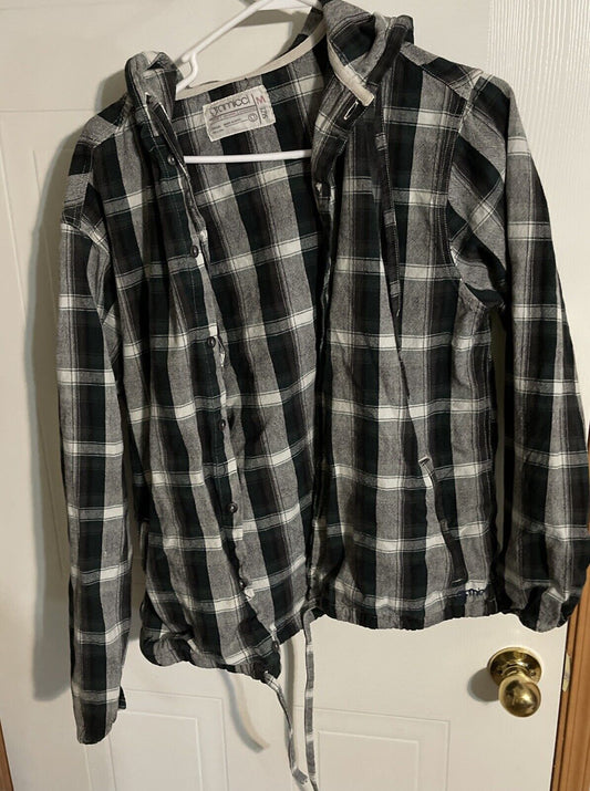 Black and white checkered Gramicci flannel hoodie with hood and front buttons hanging on white hanger