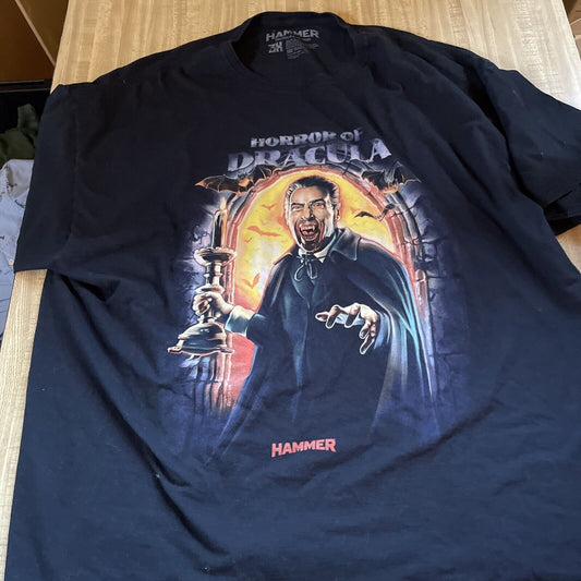 Classic monster film apparel black t-shirt featuring Horror of Dracula graphic with vampire holding candle