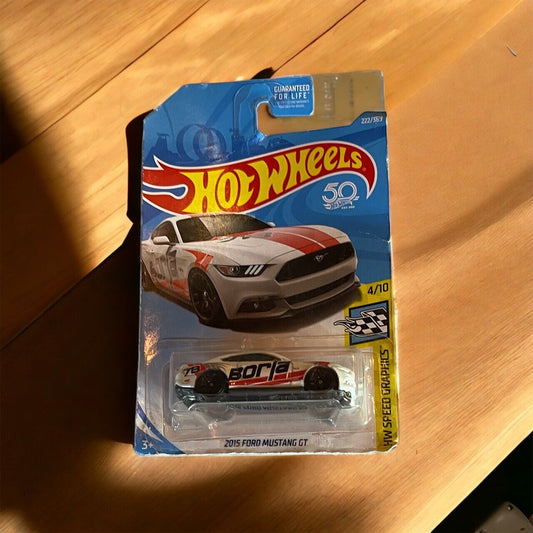 Hot Wheels Speed Graphics 2018 2015 Ford Mustang GT diecast car in original blue and yellow packaging