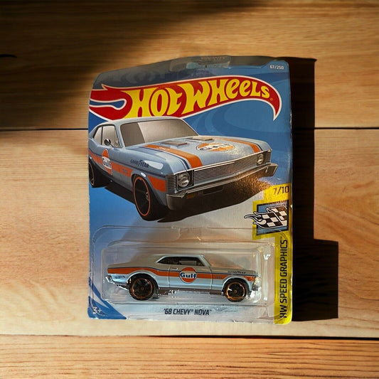 Hot Wheels Speed Graphics series 68 Chevy Nova diecast car in Gulf racing livery by 1118 Emporium