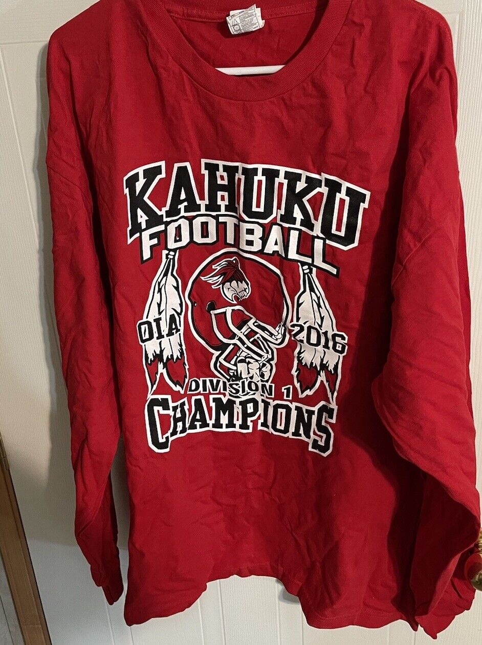 Red Kahuku Red Raiders championship tee with 2016 football division 1 champions design