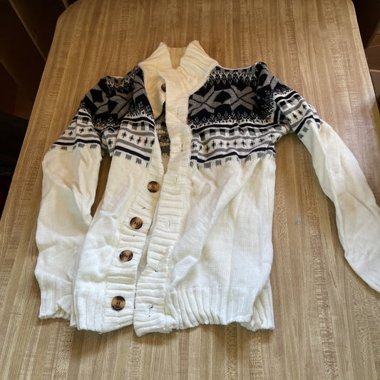 Zyfgfree large knit cardigan in white with black and gray patterned yoke and wooden buttons
