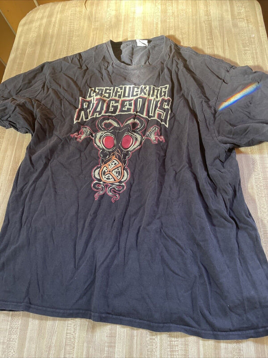 Black Las Rageous festival shirt 2XL with graphic gas mask and colorful sleeve design