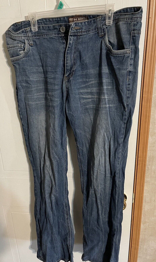 Men's 96 North jeans 38x32 in blue denim with classic five-pocket design and button closure